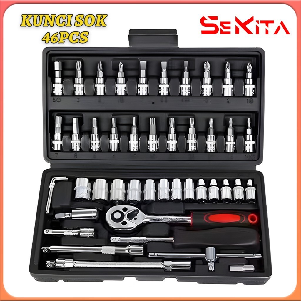 Set Kunci Sok Kunci Shock 46 pcs Mobil Motor Lengkap Socket Tool Kit set Pas Ring Motor Mobil KUNCI 