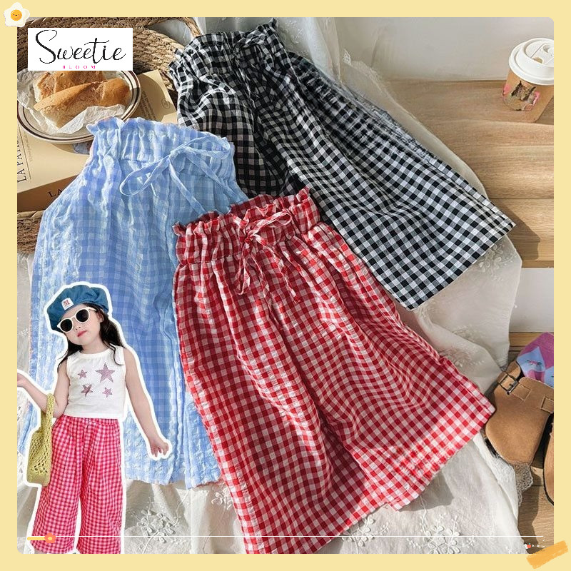 [Sweetie Bloom] Celana lebar anak perempuan, motif kotak-kotak, kain katun lembut, longgar, nyaman d