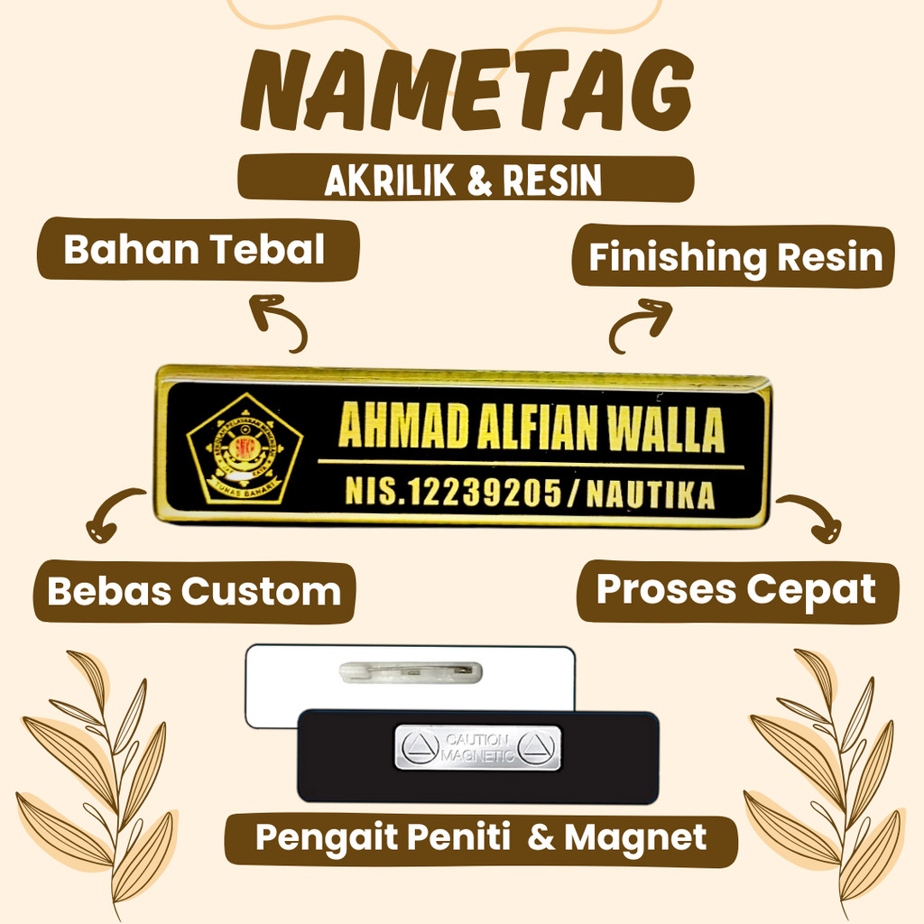 Name Tag Nama Dada Nama Dokter Akrilik Magnet Peniti Gold Silver