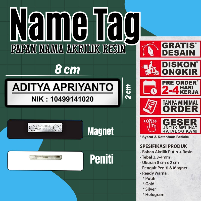 Name Tag /Nama Dada /Akrilik-Kuningan-Stainless-Peniti-Magnet