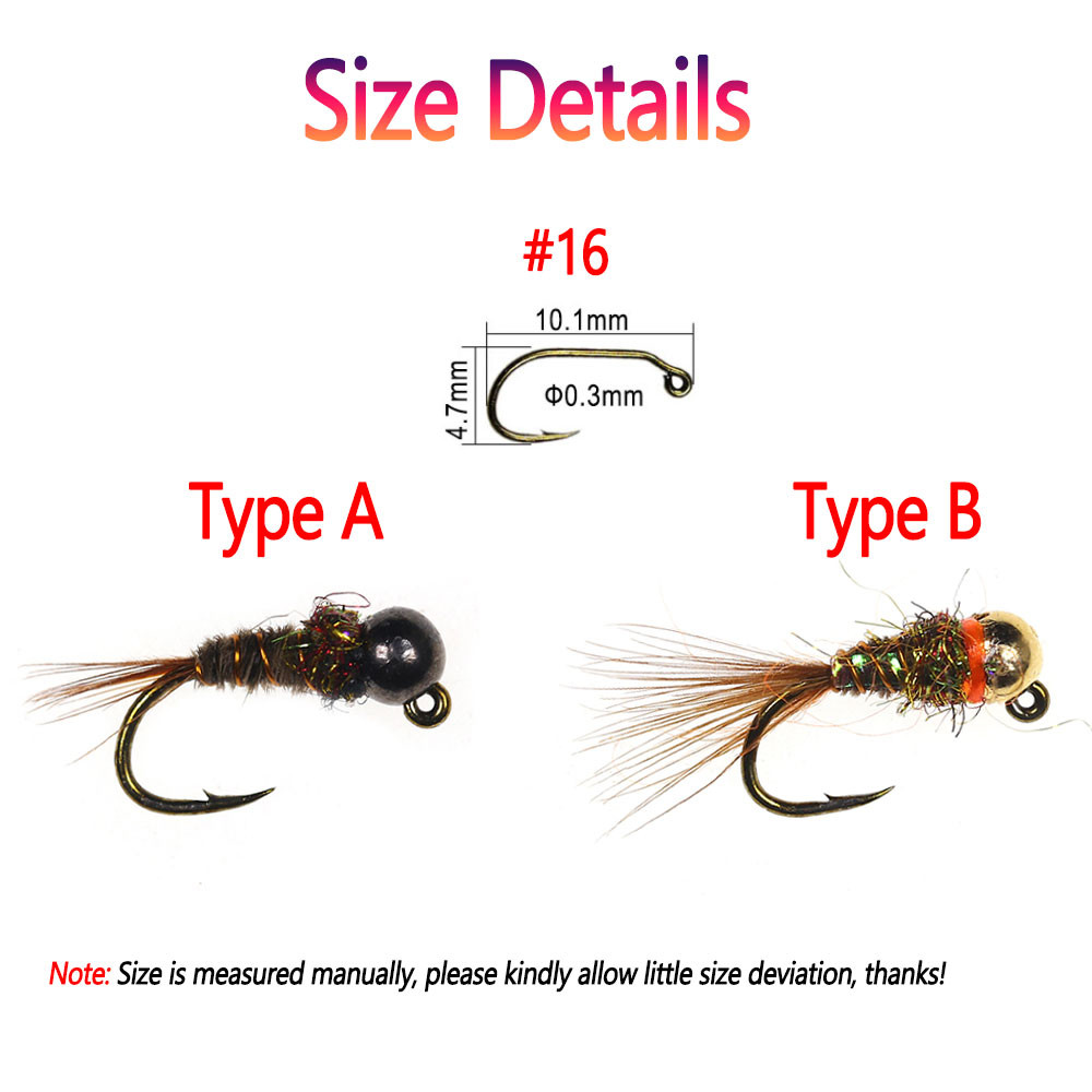 Bimoo 6PCS #16 Barbed Tungsten Bead Head Jig Nymph Fly Pheasant Tail Fast Sink Wet Euro Pergon Nymph