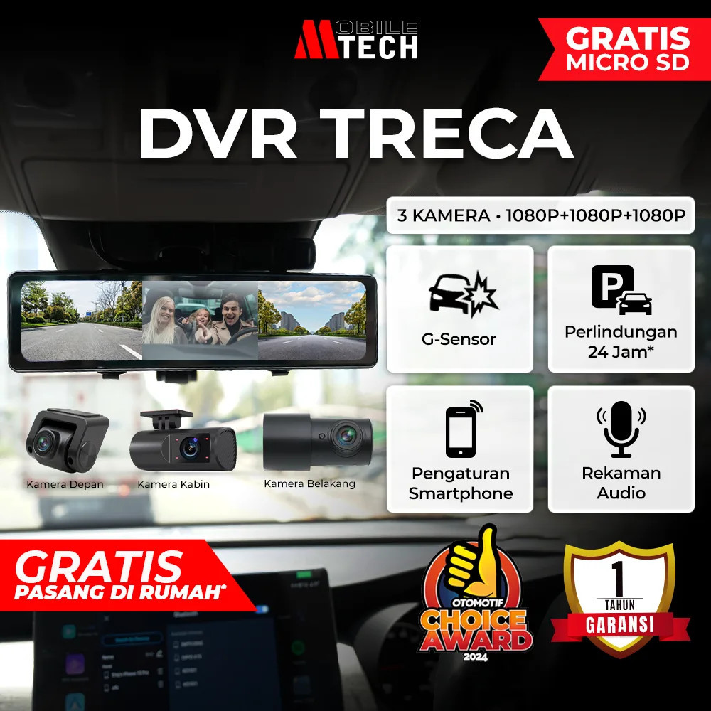 MobileTech Dashcam Mobil 3 Kamera TRECA WiFi 1080p Triple Lens Camera Layar Sentuh G-Sensor Loop Rec