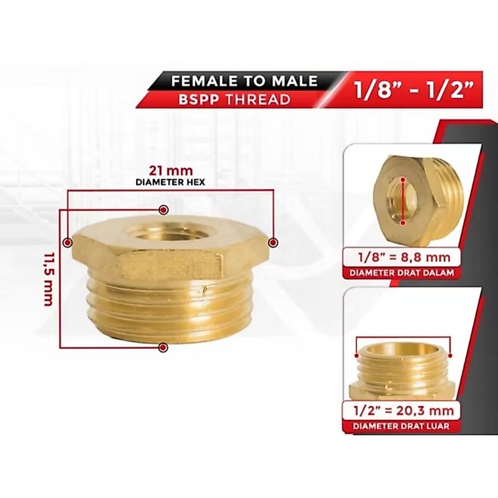 verlop ring drat luar 1/2 (20mm) x drat dalam 1/8 (9mm) kuningan