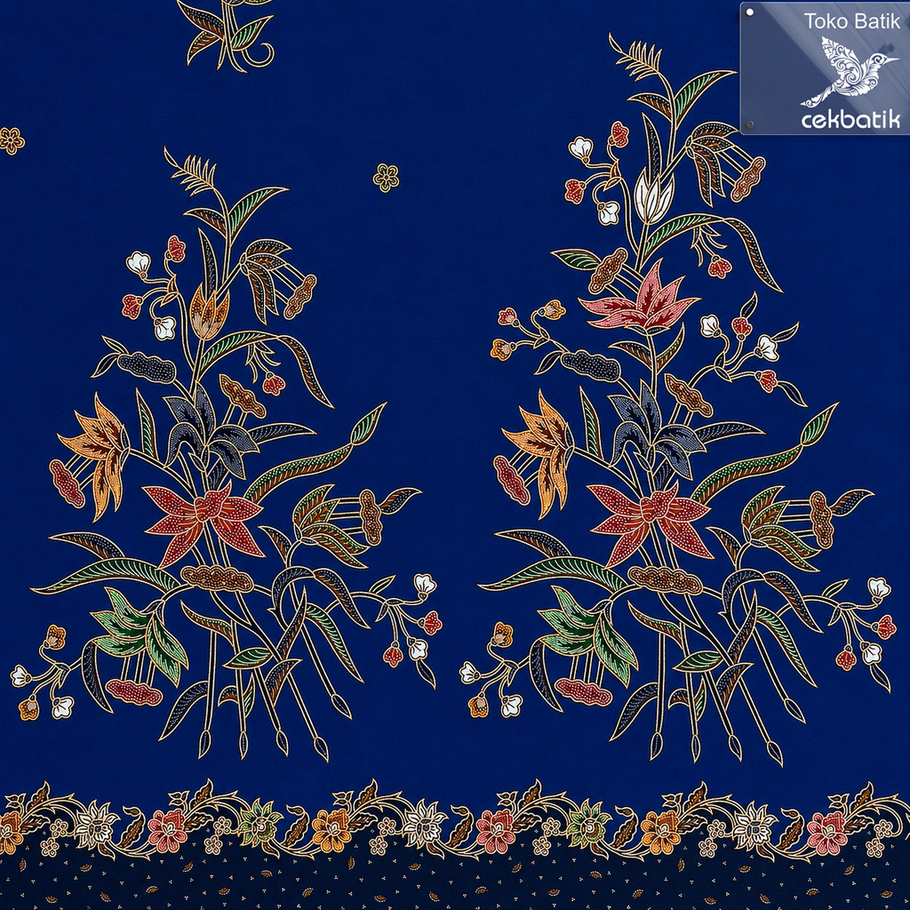 kain batik Motif Elegan Bunga Klasik Latar Dasar (Biru)
