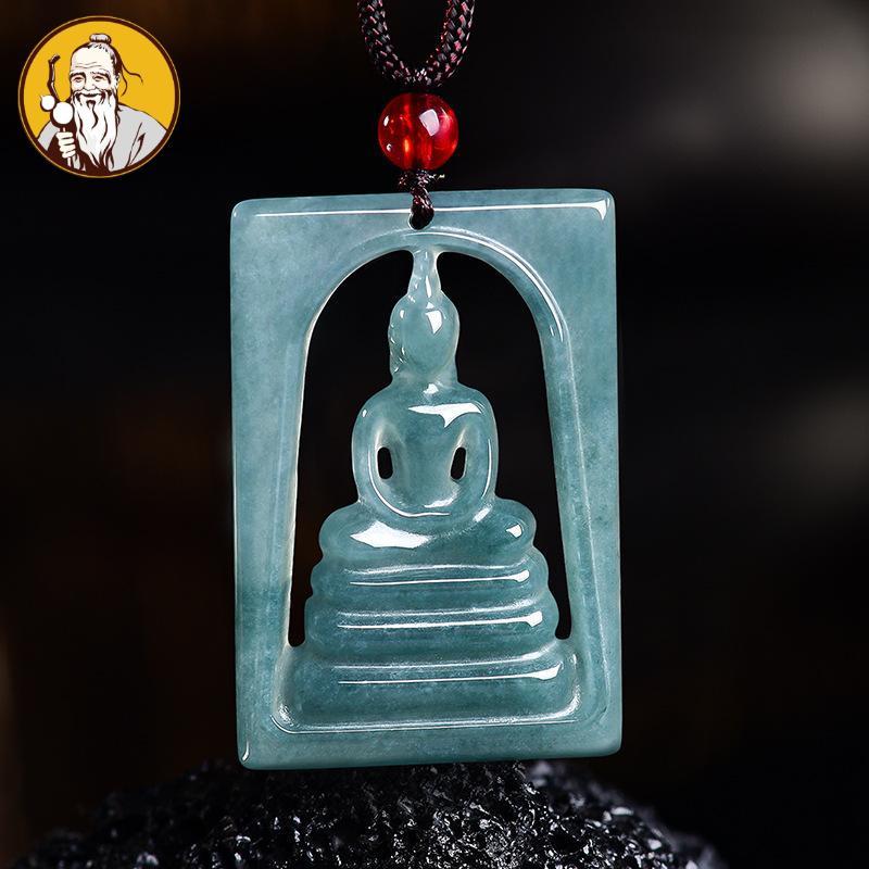 Dengan Sertifikat：Natural A jadeite, air biru Chongdi Buddha merek Wuxiang Buddha, liontin giok untu