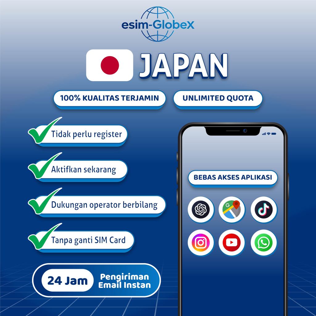 GlobeX eSIM Japan Local IIJ(Docomo) Unlimited Kuota Extra Data Internet | eSIM Jepang Kuota Besar La