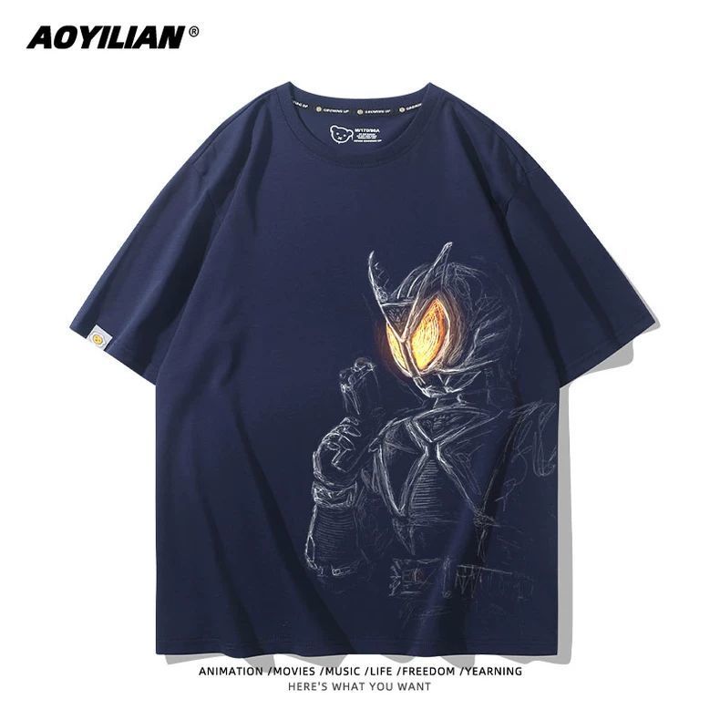 Kaos Oversized Biru Tua Kamen Rider Sketsa Pensil Mata Glow Kuning Print Combed 30s Sablon Premium T