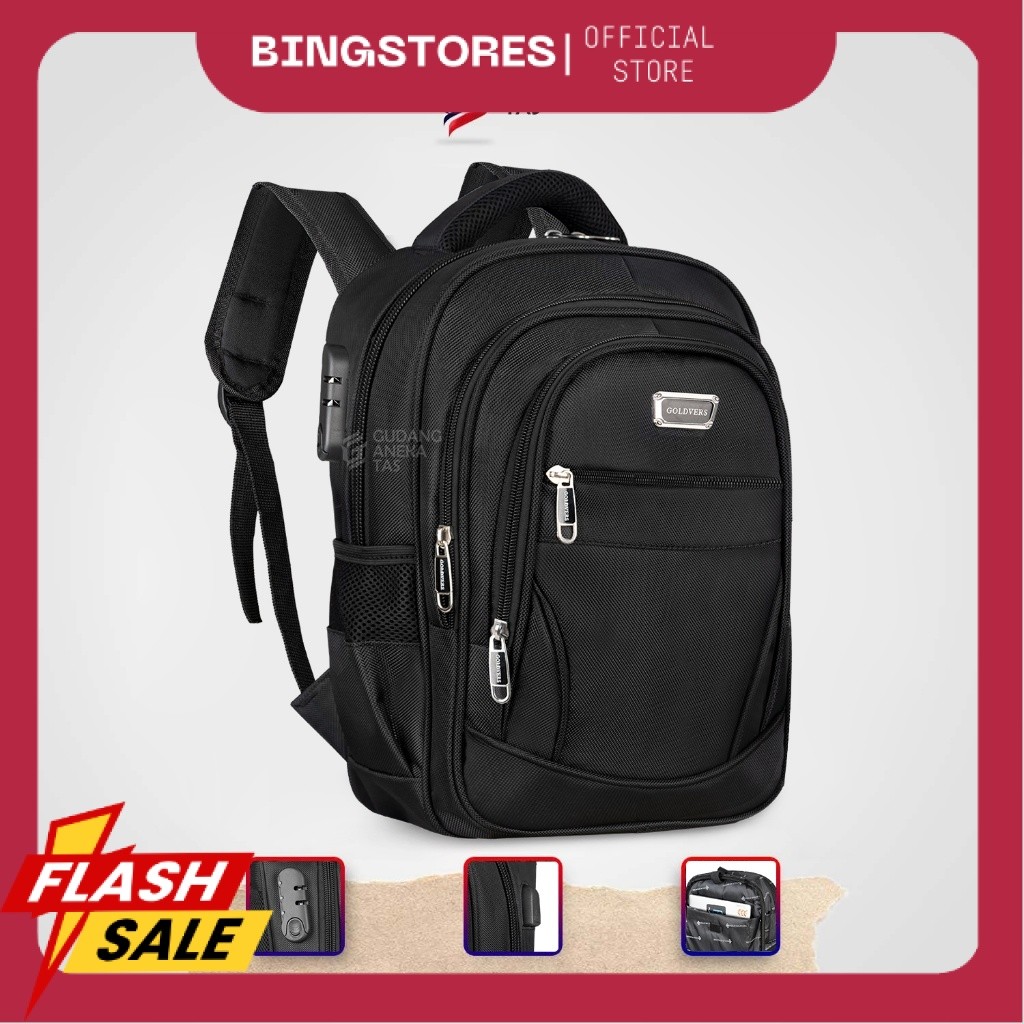 Tas Ransel Sekolah 14 Inch Goldvers Kunci Kombinasi USB Port Free Raincover CVGA