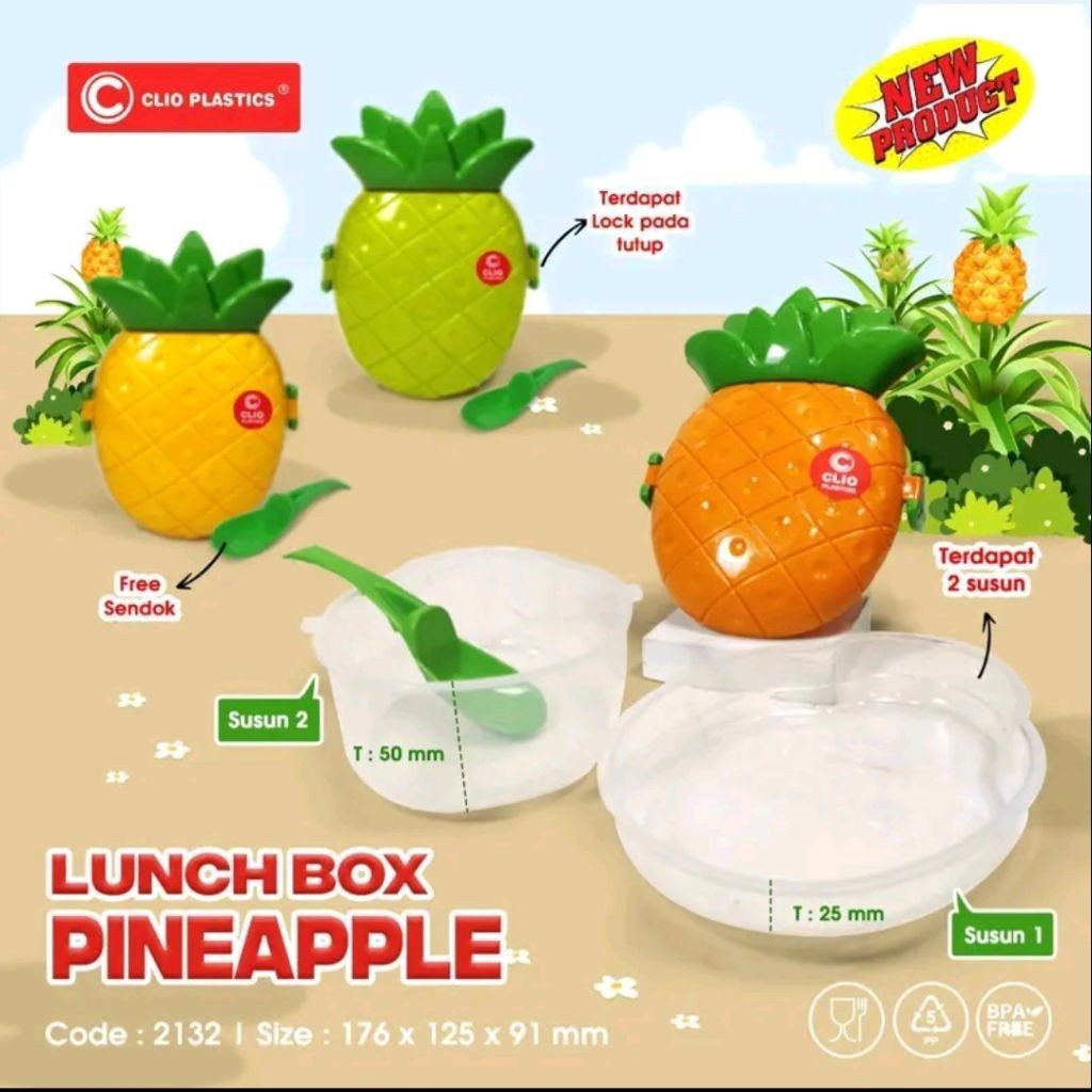 Promo lunch box Pineapple clio plastik | kotak Bekal Nasi Anak | kotak Bekal Anak Sekolah