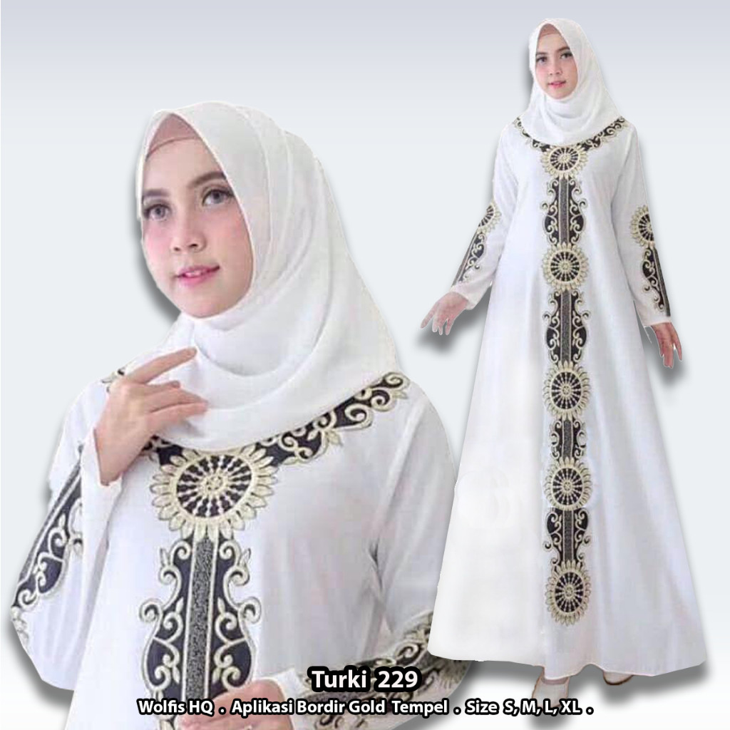 Galeri Abaya / Gamis Abaya Putih Turkey 229 Bordir Tempel Kain Wolfis Abaya Bordir Warna Hitam Putih