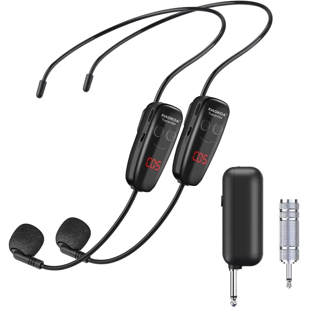 XIAOKOA Wireless Microphone Headset with LED display screen UHF  Dual Headset Microphone set Transmi