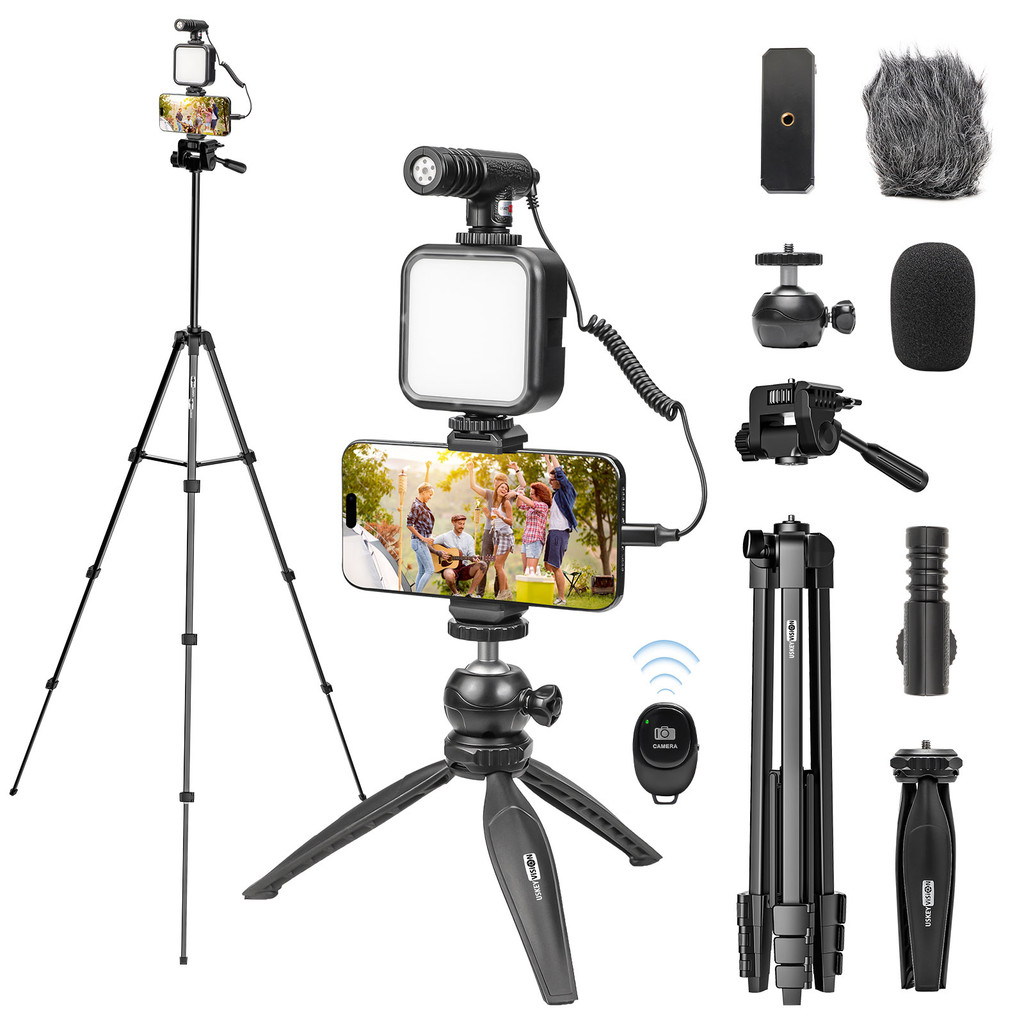 Vlogging kit for smartphones with 59-inch expandable full-size tripod tri-color LED light microphone