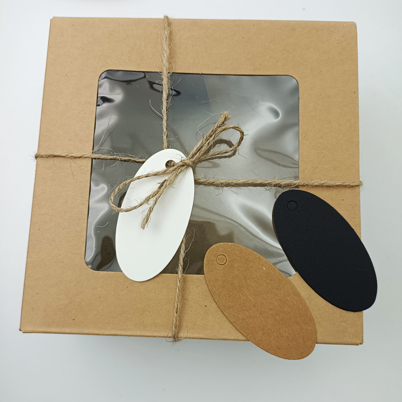 

Oval Paper Tags Brown White Black Blank Simple Label Wedding Gift Ornaments Kraft Price Hang Tag with Rope 100Pcs 6.5x3.3cm