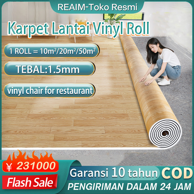 Reaim Karpet Lantai Vinyl Roll aesthetic Gulungan Motif Kayu 1Roll 20m² Tebal 1.5 mm Ukuran 2 x 10me