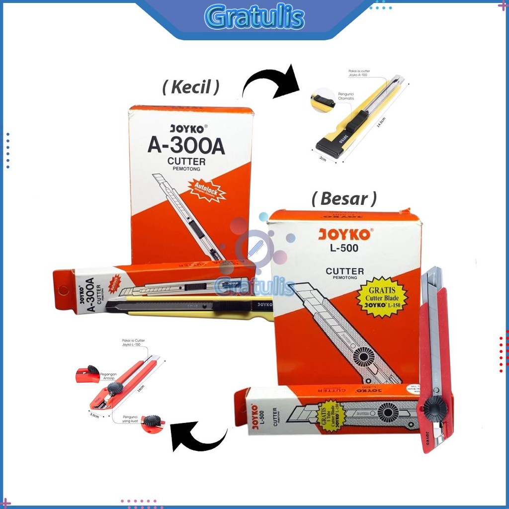CUTTER JOYKO 1 BOX ISI 12 PCS [A-300/L-500] / KATER ALAT PEMOTONG KERTAS  LAKBAN / CUTER BESAR KECIL