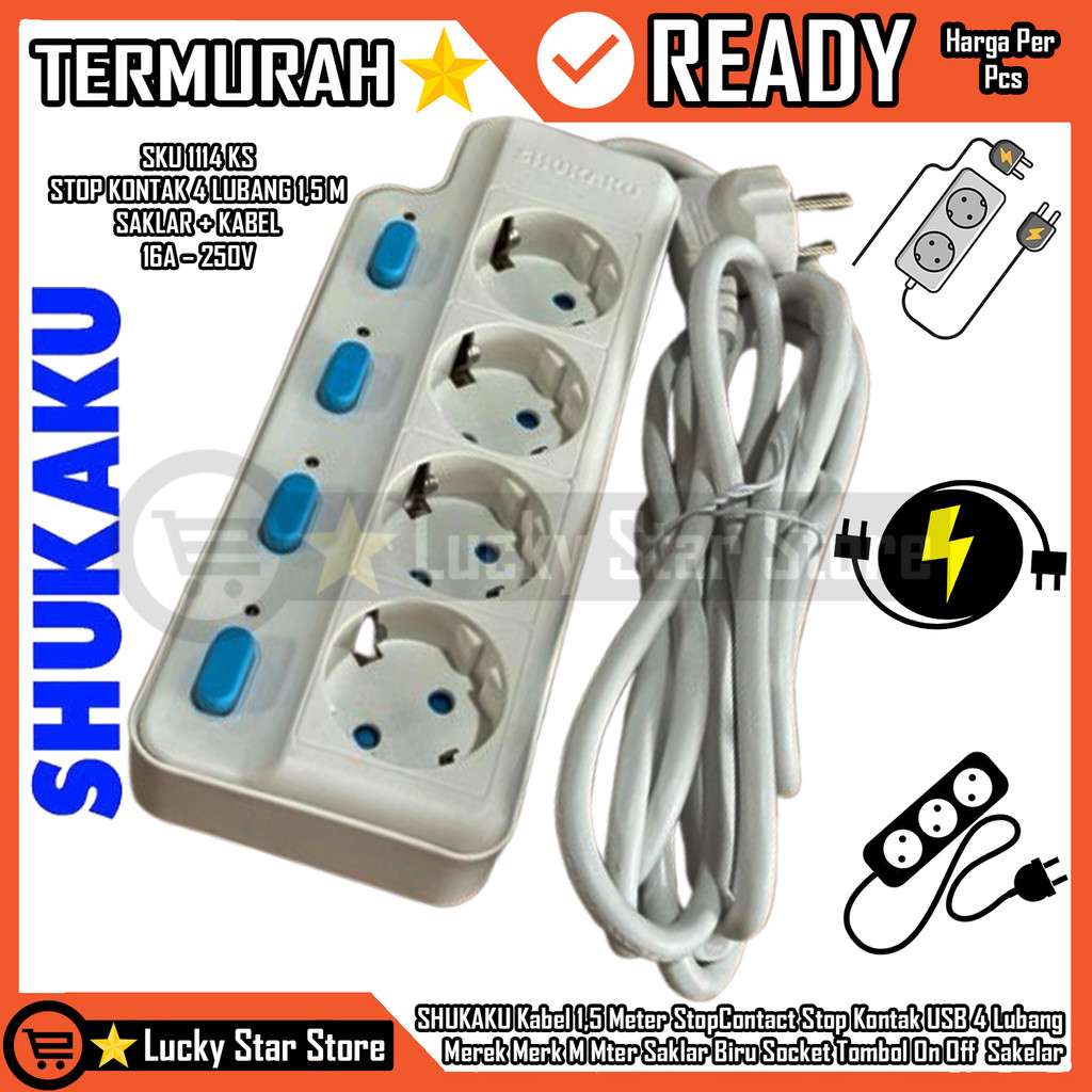 SHUKAKU Kabel 1,5 Meter StopContact Stop Kontak USB 4 Lubang Merek Merk M Mter Saklar Biru Socket To