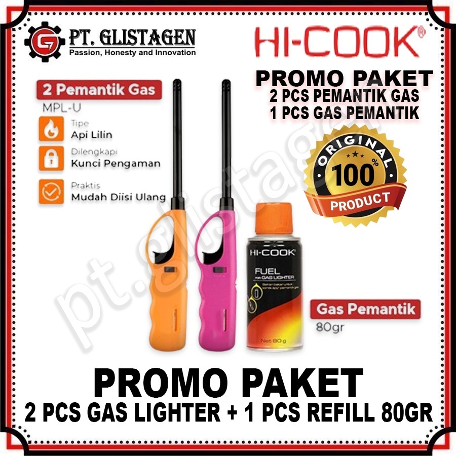 HI-COOK PAKET Korek Api Gas MPL-U 2Pc + Isi Ulang Pemantik 80Gram 1Pc ORIGINAL