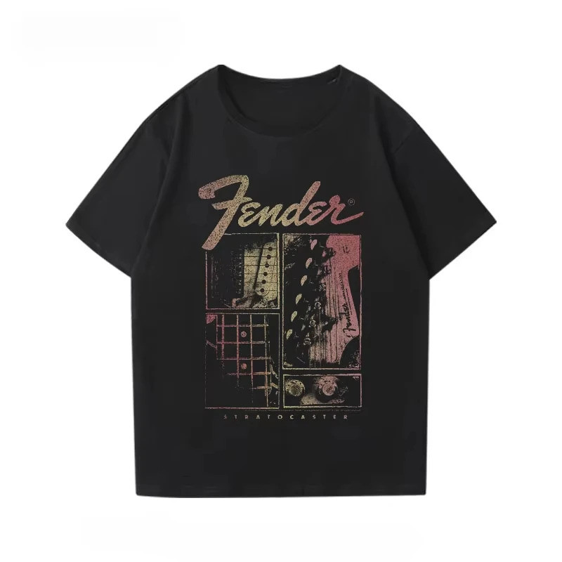2025 Kaos Lengan Pendek Cetak Gitar Listrik Hot Rock Fender Pakaian Pertunjukan Gitaris Kaos Leher B