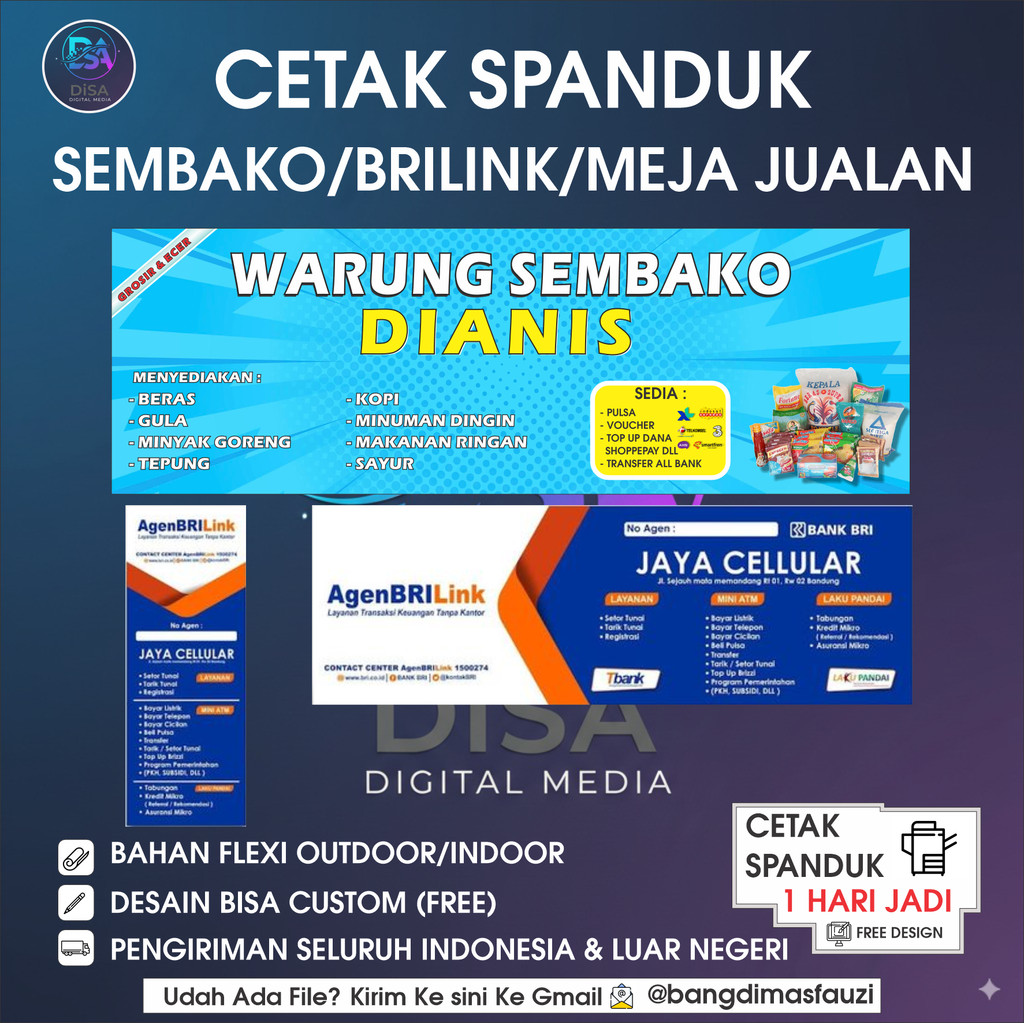Spanduk / Banner Agen Brilink Bank BRI /Mandiri/Konter Pulsa / Sembako / Tenda BazarTERBARU 2024