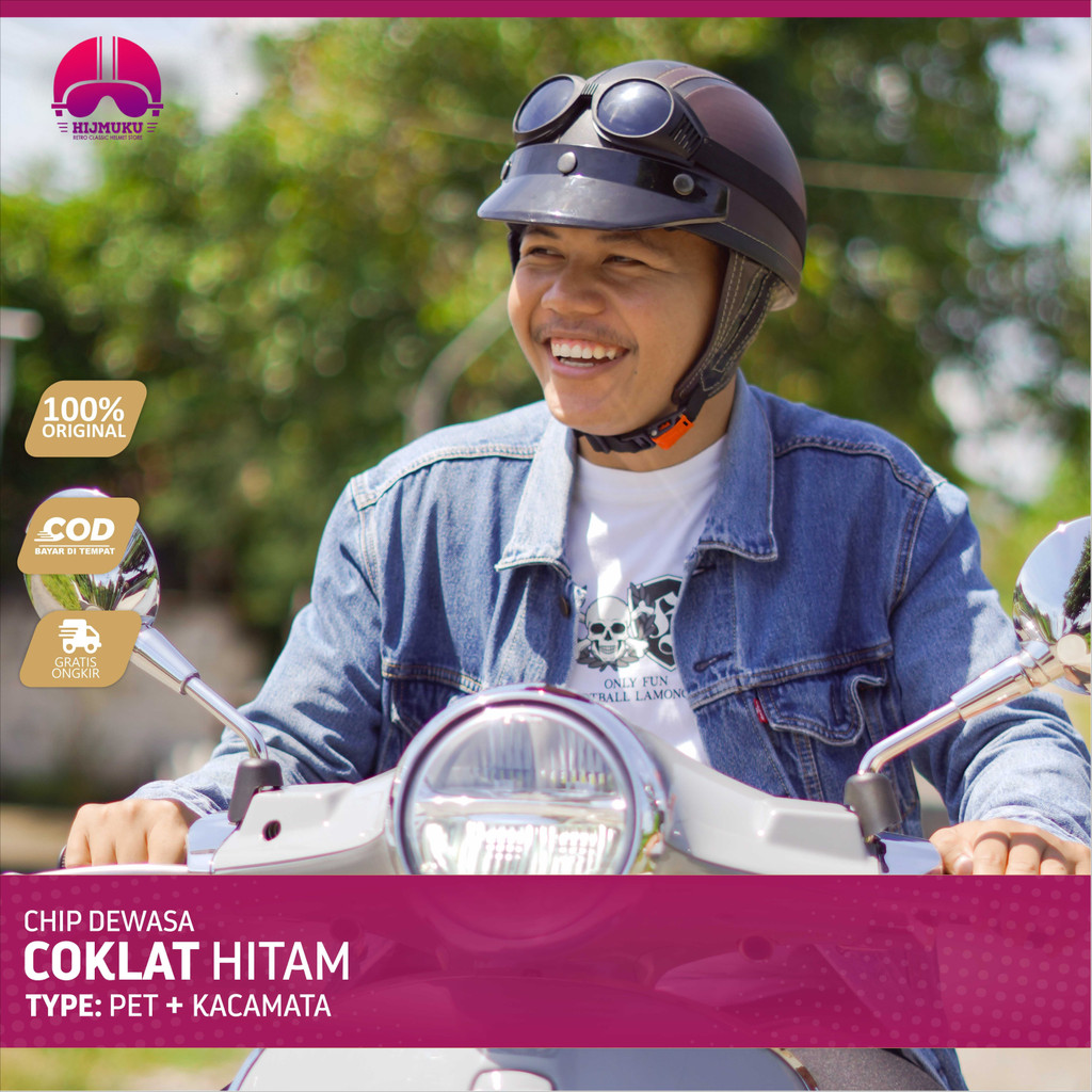 Helm Dewasa Chips Vintage Remaja Bahan Kulit Motor Sepeda Listrik Pria Wanita Hijab Friendly