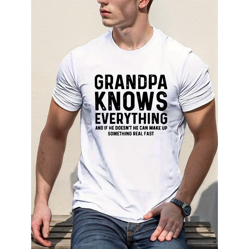 Kaos Pria "Kakek Tahu Segalanya" - Lengan Pendek, Kerah Bulat, Atasan Musim Panas, Dengan Cetakan Ge
