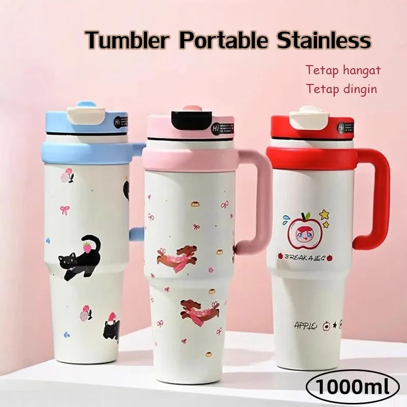 Tumbler Stainless Vacuum 1000ml Portable Thermos Botol Minum Besar Cangkir Air Kartun Yang Lucu/Taha
