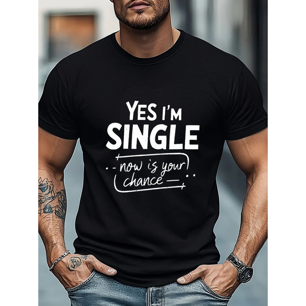Kaos Grafis Pria Lucu "Ya, Saya Lajang" - Kaos Lengan Pendek Santai Leher Bulat dengan Cetakan Teks 