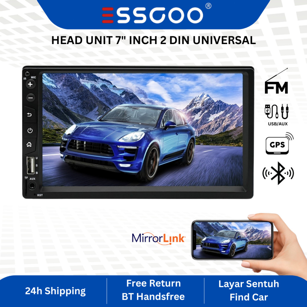 GEARBOX ESSGOO Head Unit 7Inch 1/2Din 7701 Mirrorlink  MP5  Touch Screen HD  Bluetooth Radio FM / US