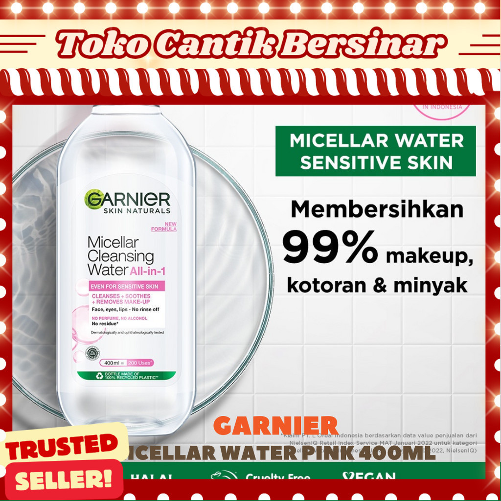 Garnier Micellar Water Pink 400 ml Pembersih Wajah untuk Kulit Sensitif - Makeup Remover & Toner