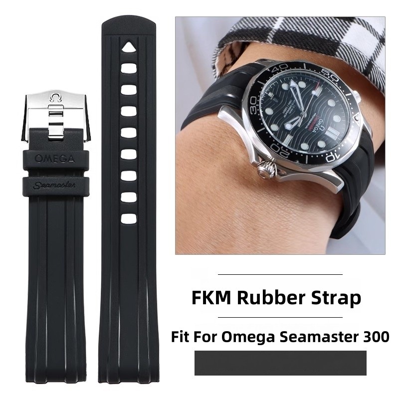 Fit For Omega Seamaster 300 Curved End FKM Rubber Watch Strap With Original Logo And Folding Watch B