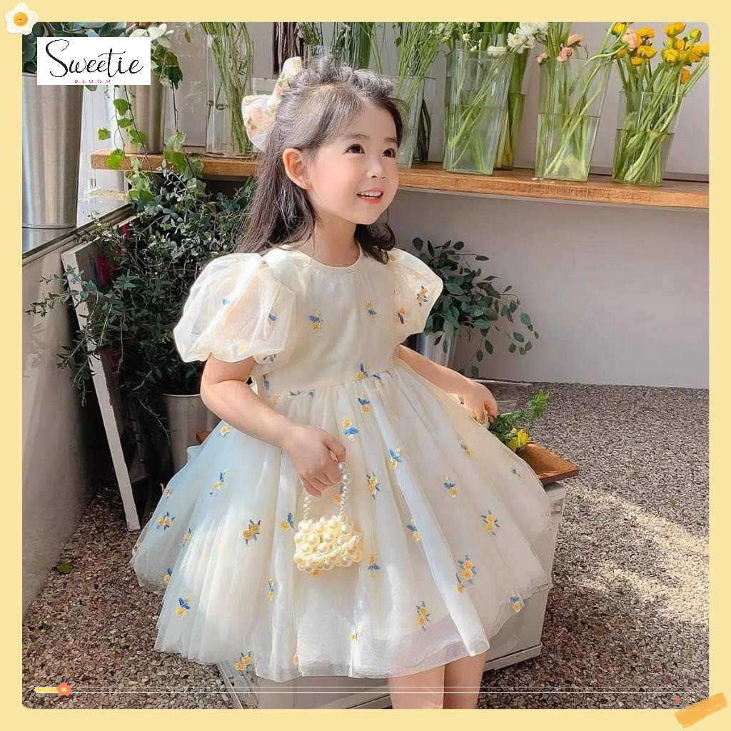 [Sweetie Bloom] Gaun Anak Perempuan Bordir Bunga Kuning dan Kupu Kupu Biru Lengan Gelembung Rok Jari