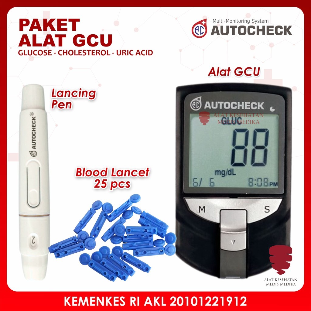 Paket Autocheck Alat GCU 3in1 Monitoring Lancet Lancing PenCek Gula Darah Kolesterol Asam Urat Gluco