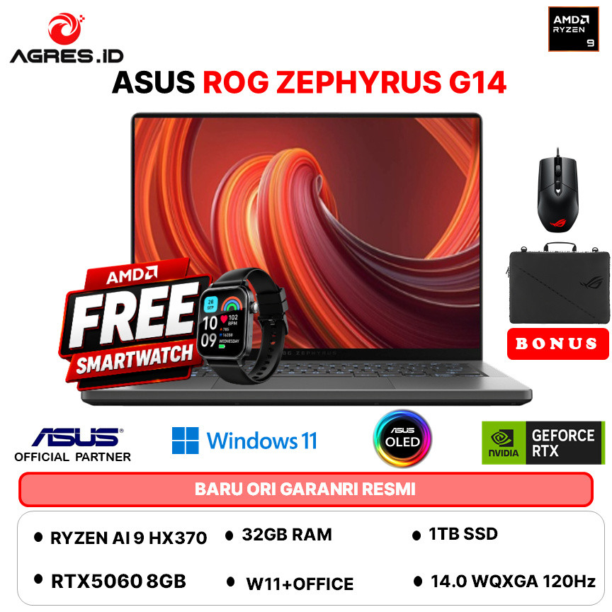 ASUS ROG ZEPHYRUS G14 OLED RYZEN AI 9 HX370 RTX5060 32GB 1TB W11+OHS+M365B 14.0WQXGA 120HZ GA403WM