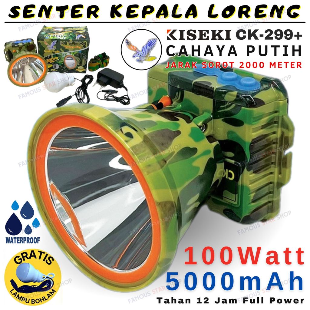 Senter Kepala LED Super Terang Kiseki 100 Watt CK-299 | Senter Kepala Cas | Senter Kiseki CK-299+ Ba