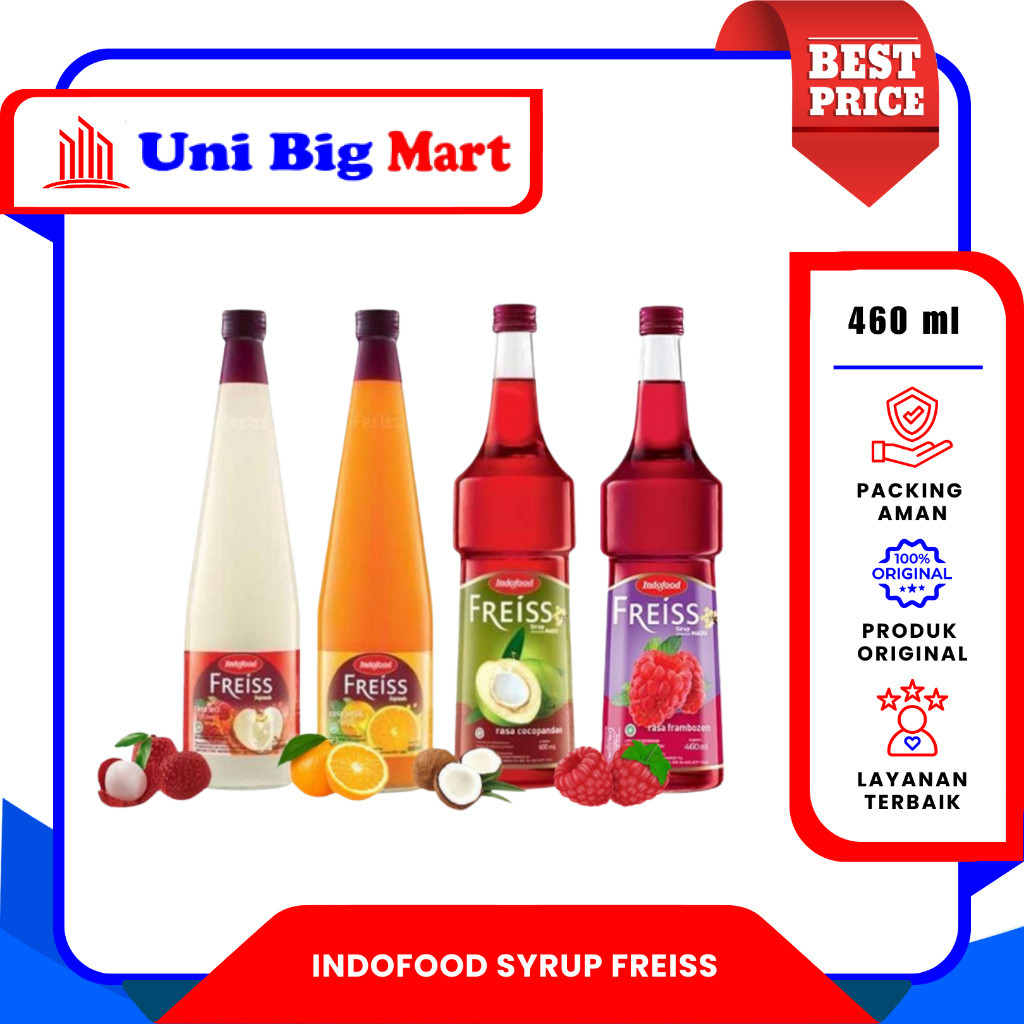 INDOFOOD SIRUP SQUASH FREISS SYRUP ORANGE JERUK - LYCHEE LECI - COCOPANDAN - FRAMBOZEN  BOTOL - 460 