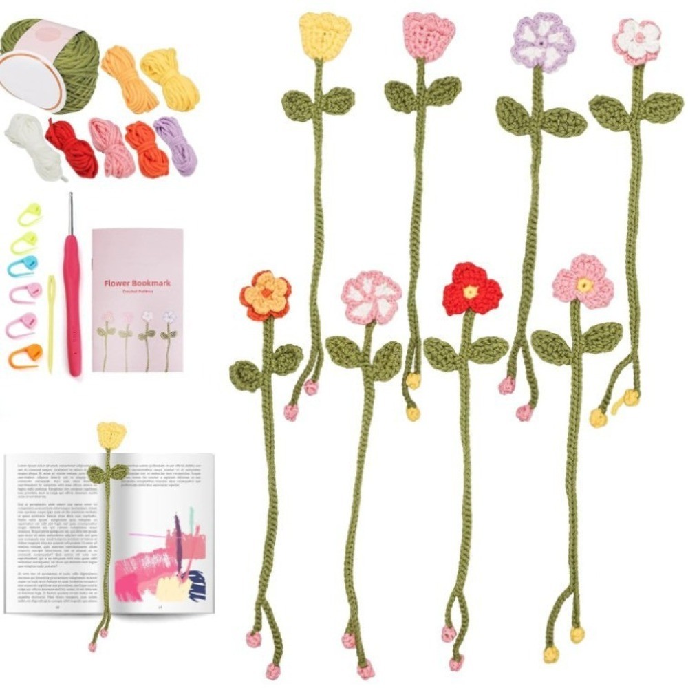 

8pcs Set Flower Bookmarks Crochet Kit Soft Yarn with Video Tools Wobbles Crochet Kit Handmade DIY Crochet Crafts for Beginners