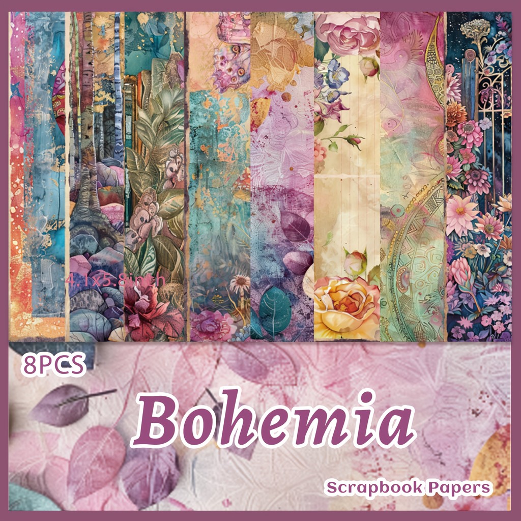 

8 Sheets Aesthetics Bohemia Scrapbook Papers for Junk Journal Card Making Craft Paper Fancy Flower Scrapbooking Supplies