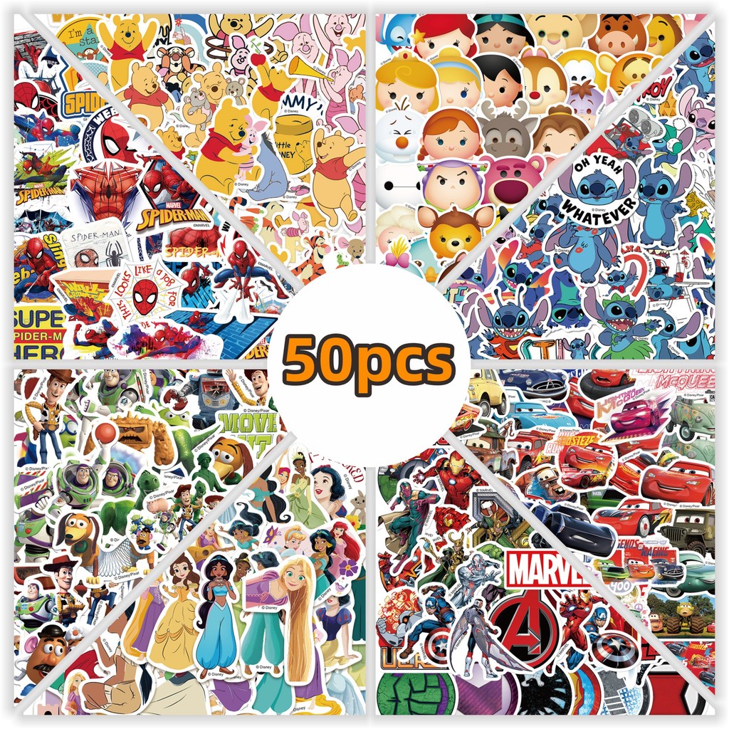 

50pcs Disney Mixed Stitch Princess Superhero Cartoon Stickers Phone Guitar Laptop Notebook Suitcase Waterproof Sticker Kids Toys