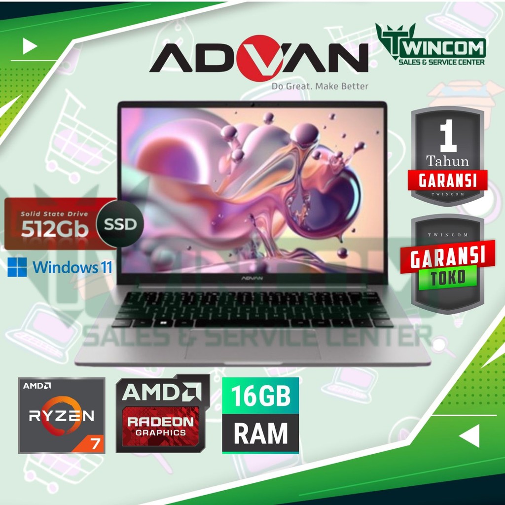 Laptop Advan AI Gen AMD Ryzen 7-8845HS 16GB 512GB SSD Win11 BERGARANSI RESMI