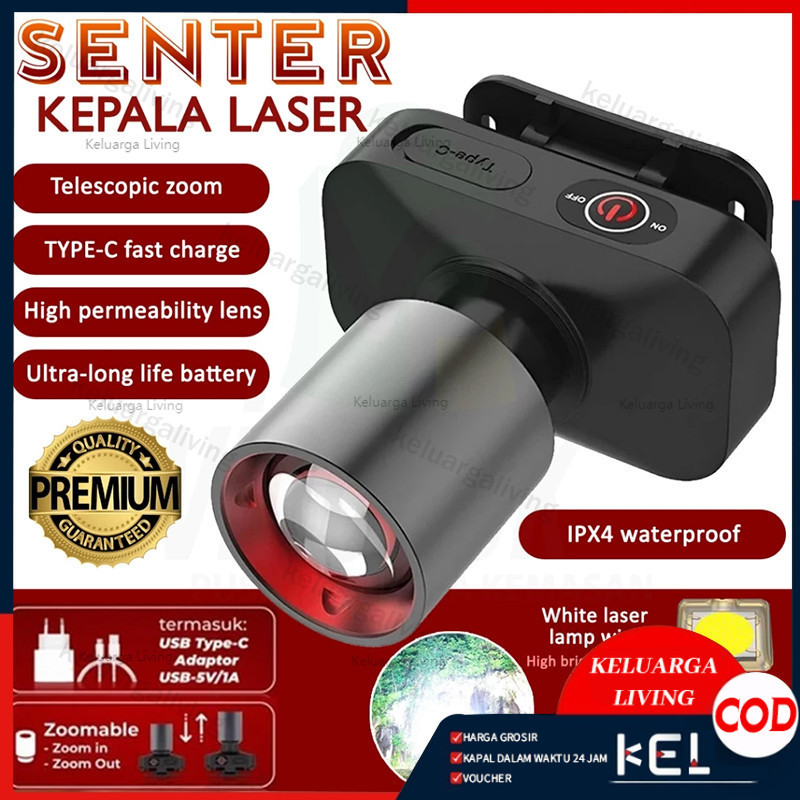 Senter Kepala Zoom Super Terang LED 60w Rechargeable Usb Type C/ Lampu Kepala LED Laser Super Terang