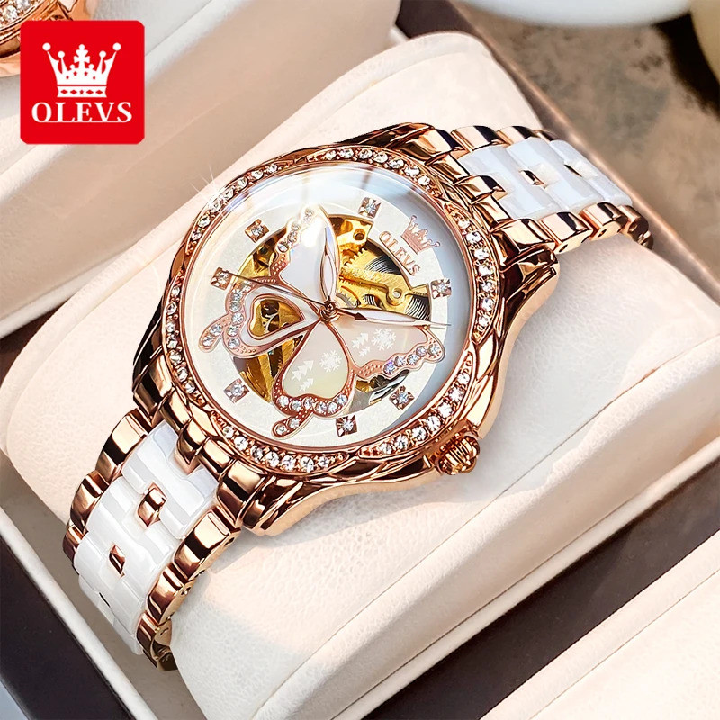 OLEVS 6622 Women's Watch Dial Luxury Waterproof Mechanical Watch Women Hollow Ceramic Strap Automati