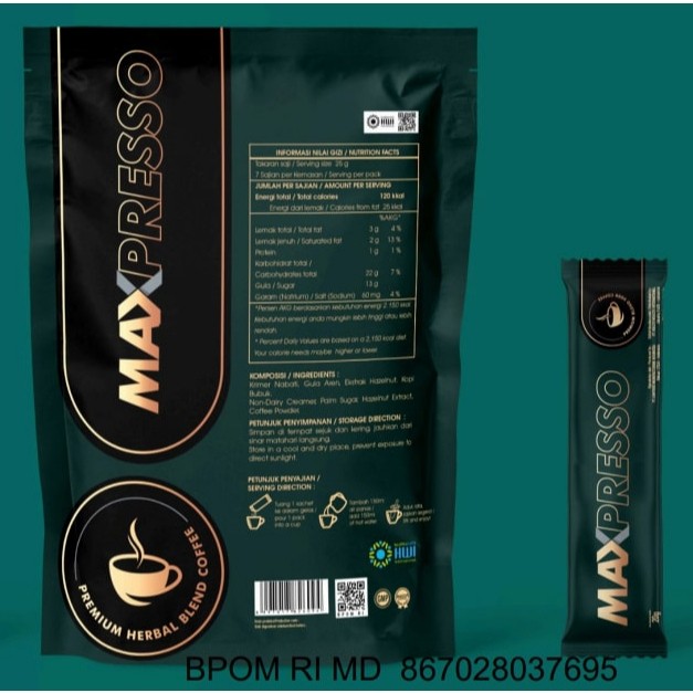 

Kopi Maxpresso HWI Original, Kopi Arabica Plus Herbal Khusus Pria - 1 Pouch Isi 5 Saset