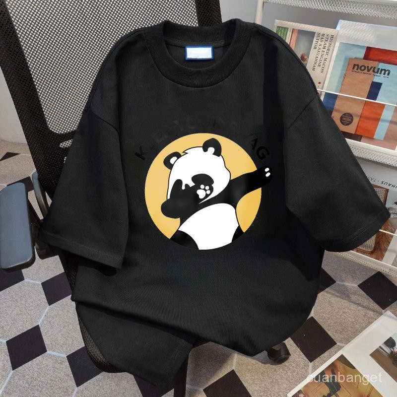 Kaos bermotif hitam putih untuk pria dan wanita Lingkaran Tari Panda 100% katun   Kaos Oversize Wani
