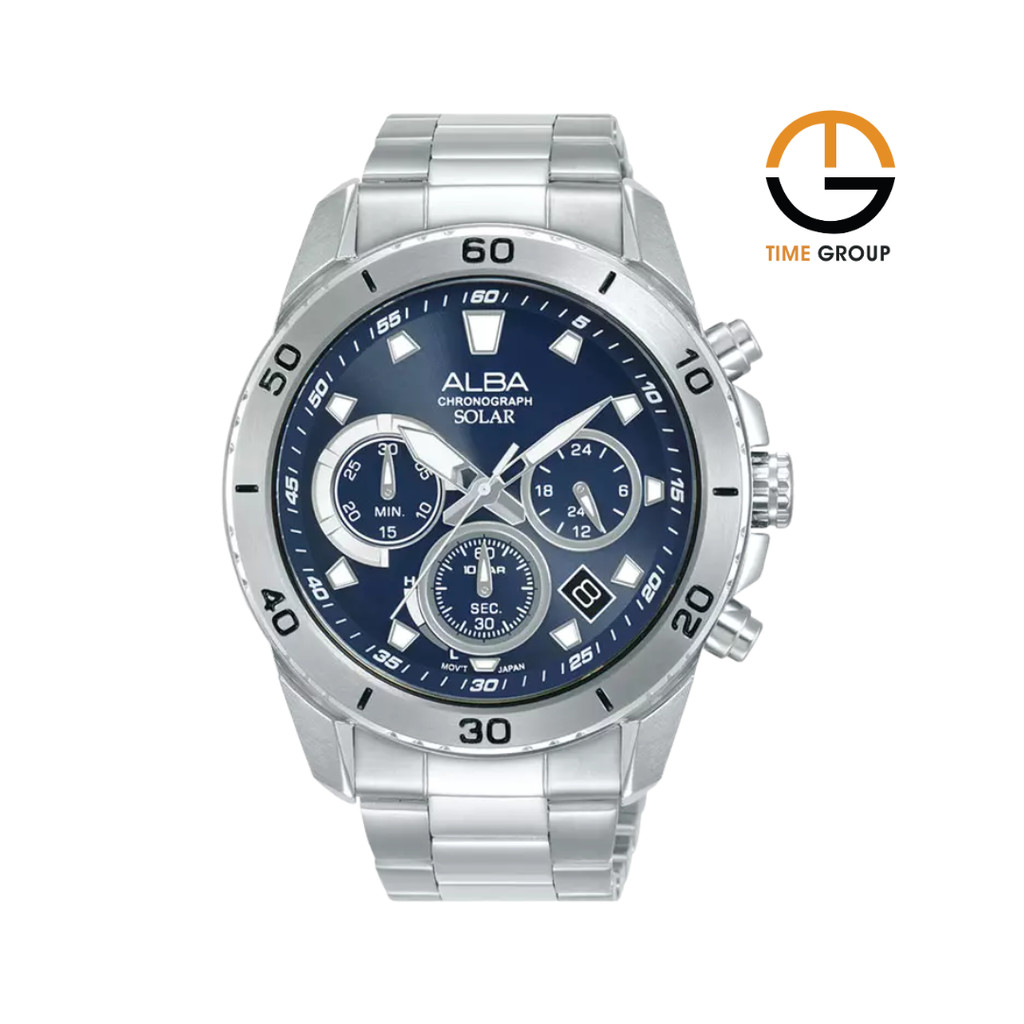 JAM TANGAN PRIA ALBA ACTIVE AZ5013 AZ5013X1 SOLAR CHRONOGRAPH BLUE DIAL STAINLESS STEEL STRAP