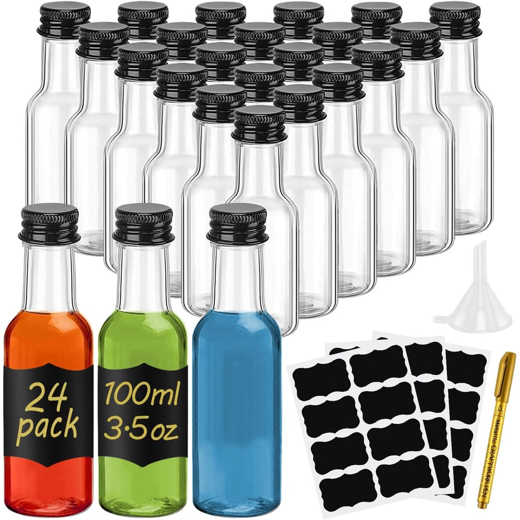 Mini Liquor Bottles 100ml Empty Small Plastic Bottles Reusable Miniature Alcohol Bottles with Labels