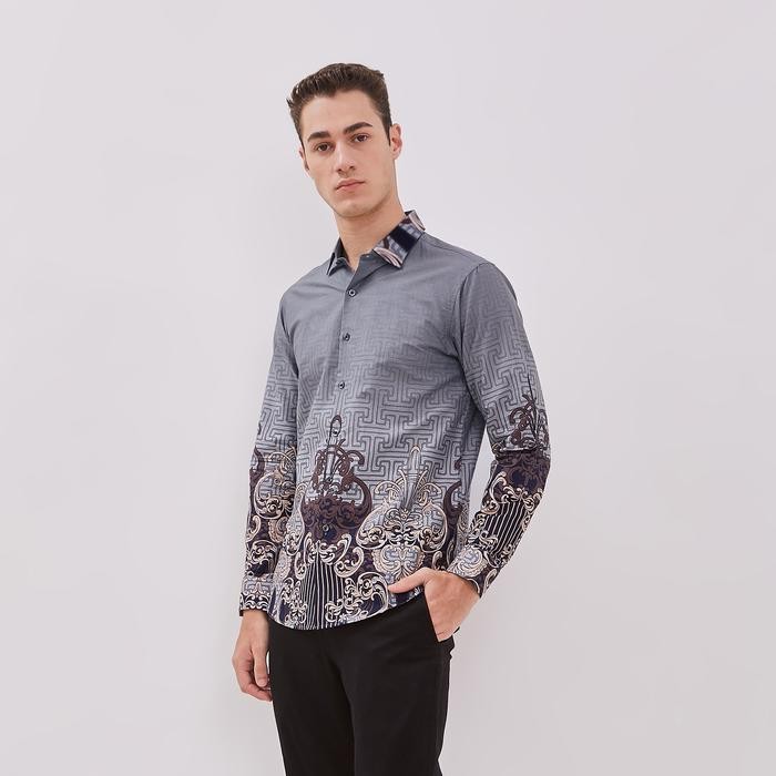 Odza Baju Atasan Kemeja Batik Pria Modern Slim Fit Solo Lengan Panjang Jumbo Didikia Abu Outer Motif