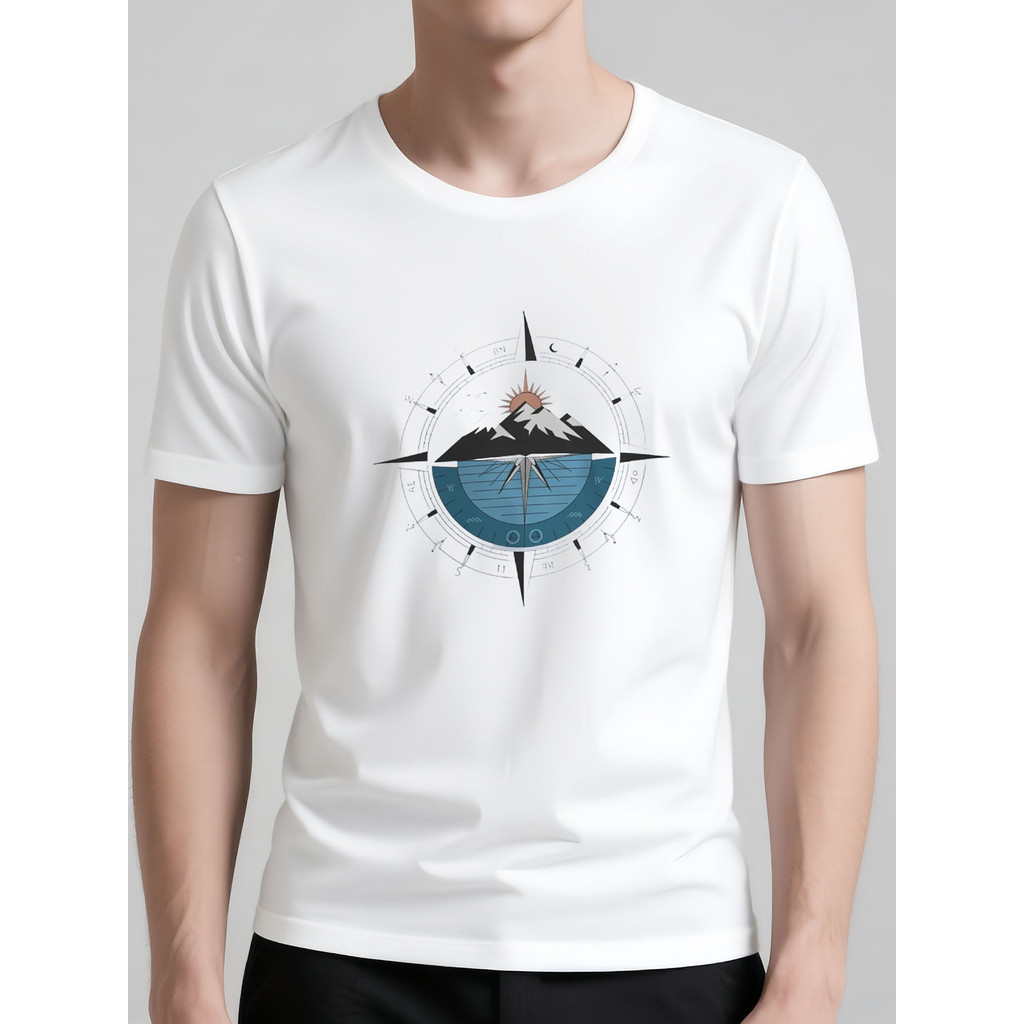 Kaos Pria Besar & Tinggi Semua Musim - Lengan Pendek Polyester Bernapas dengan Grafis Kompas Nautika