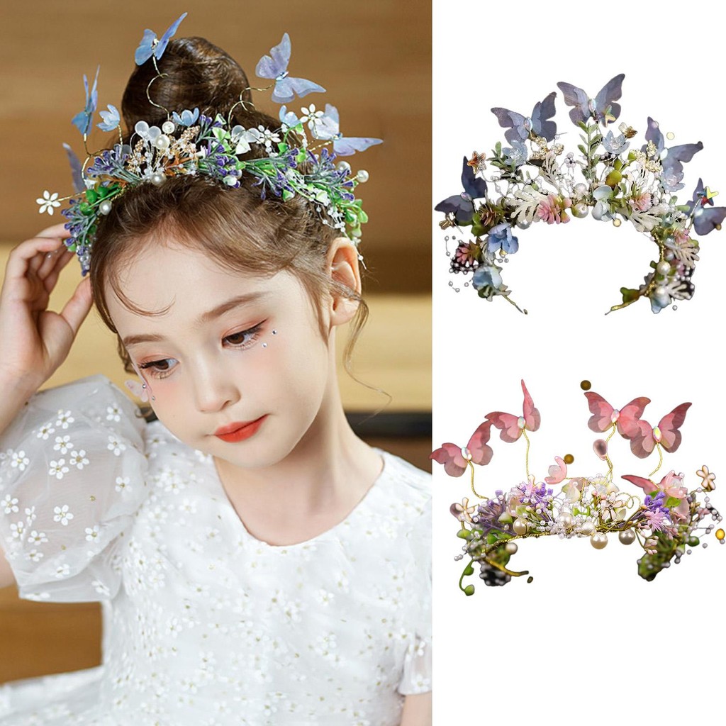 Topi Peri Kupu-kupu, Hiasan Rambut Mahkota Bunga Biru Untuk Anak Perempuan, Mahkota Pesta Dan Mahkot