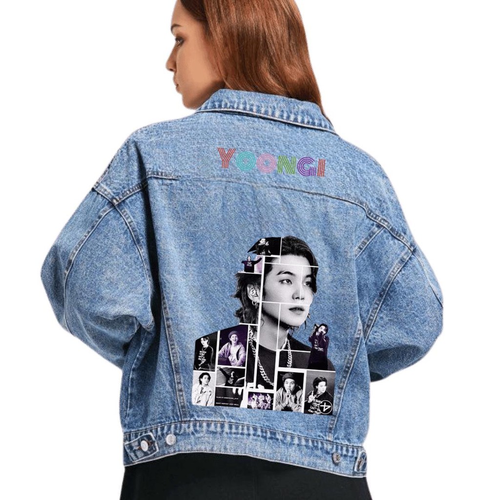 JAKET SUGA MIN YOONGI  JAKET SUGA FAN ART  BANYAK DESAIN BAHAN JEANS WASH TEBAL DUA WARNA