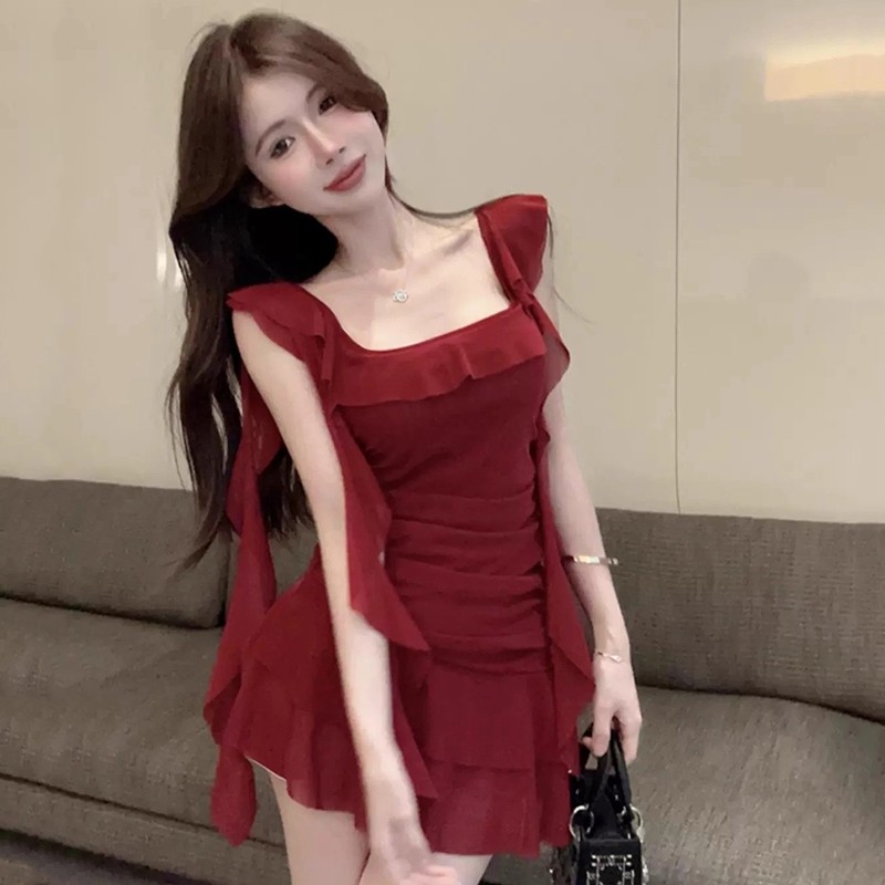 Air QZ244 Bodycon Mini Dress Wanita Dress Frill Terusan Wanita Pesta Outfit korea Baju Renang Wanita